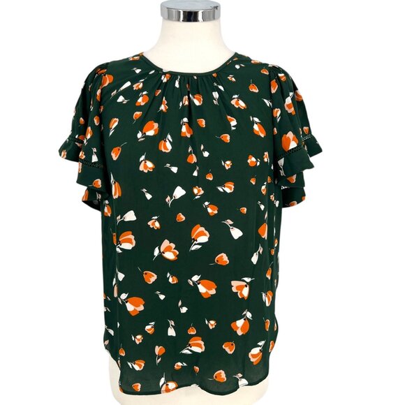 Ann Taylor Green Floral Ruffled Flutter Sleeve Blouse Size XS - Picture 1 of 10
